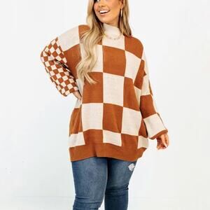 ANDTHEWHY Brown Checkered Oversized Sweater Sz S NWT